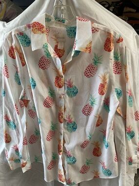Chico's White Pineapple-Print Button Down Shirt - Multicolor Fruit Motif size 1